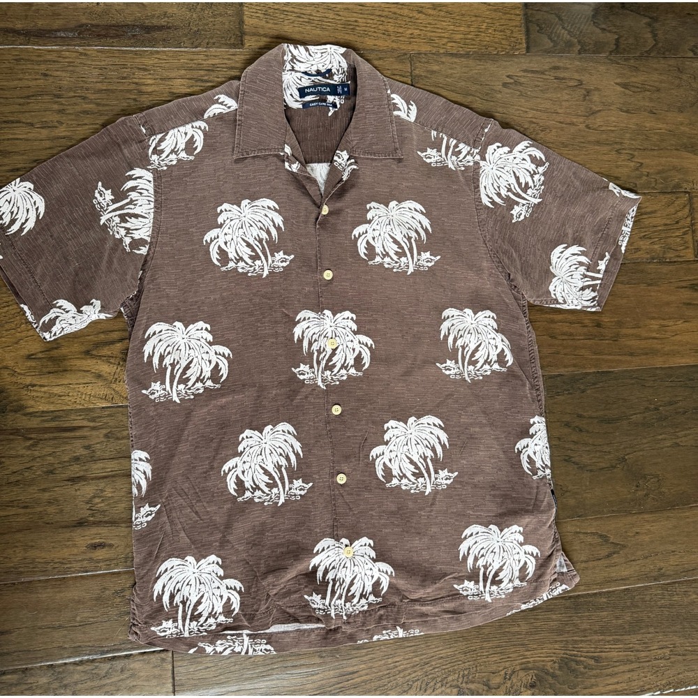 Nautica Men's Hawaiian Silk like Shirt -‎ Palm Tree Print size M Island Vibes